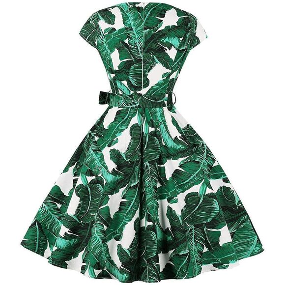 🌴 Pinup Retro 1950s Swing Rockabilly Green Palm Leaves Print Dress SIZE L NEW - Picture 2 of 14